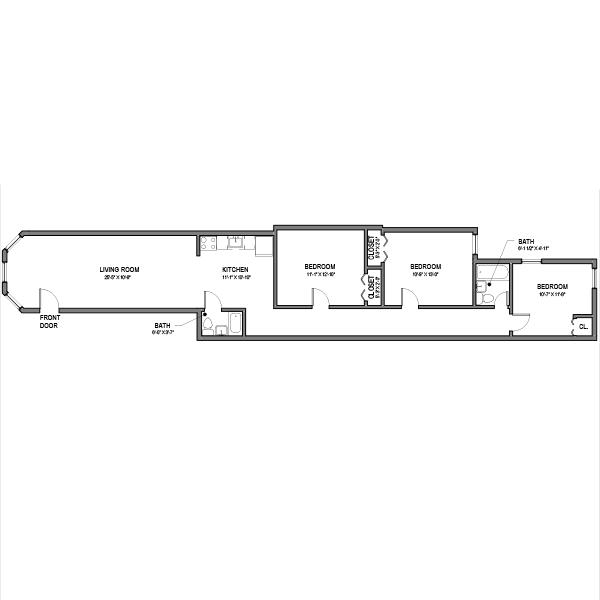 Floor plan for 3 beds, 1.5 baths, 920 sqft